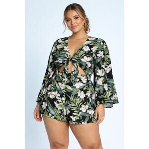 Show Me Your Mumu Charleston Romper Black Tropical Tie Front Bell Sleeve NWT XL